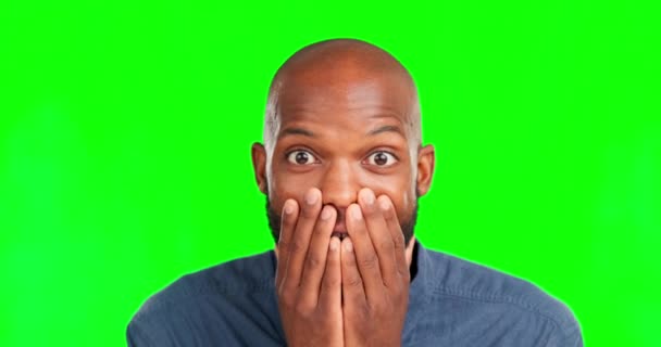 Wow Handen Gezicht Van Zwarte Man Groen Scherm Met Goed — Stockvideo