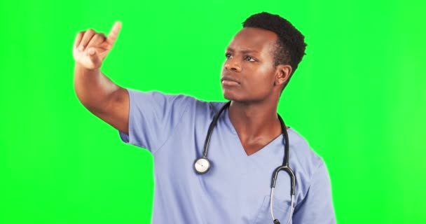 Green Screen Black Man Invisible Touch Isolated Studio Background Healthcare — Stock Video