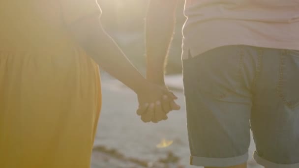 Rücken Paar Und Händchenhalten Strand Für Liebe Loyalität Und Fackeln — Stockvideo