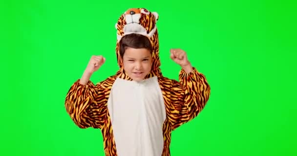 Twarz Zielony Ekran Boy Flex Kostium Tygrysa Szczęście Tle Studio — Wideo stockowe