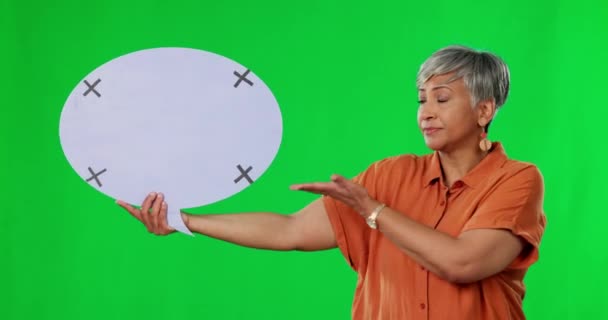 Sprechblase Grüner Bildschirm Und Seniorin Mit Tracking Markern Oder Ohne — Stockvideo