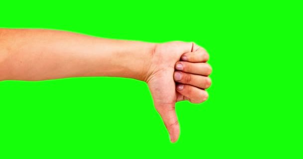 手指碰碰 绿色屏幕 拍掌和大拇指向上或向下 双手被隔离在工作室的背景下 背景空间上的变化标志 模仿和多个手势 动机和评论 — 图库视频影像
