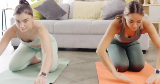Laptop Yoga Fitness Vrouwen Vrienden Die Samen Vloer Trainen Online — Stockvideo