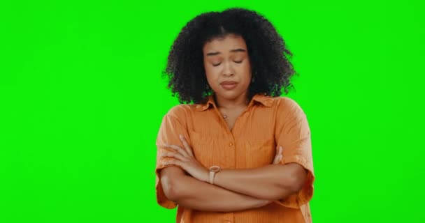 Cara Actitud Una Mujer Una Pantalla Verde Con Los Brazos — Vídeos de Stock