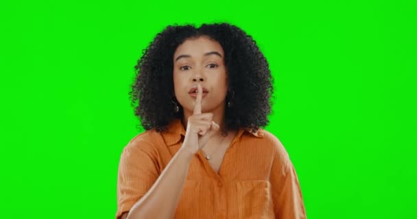 Groen Scherm Gezicht Geheime Vrouw Voor Vinger Lippen Privacy Mysterie — Stockvideo