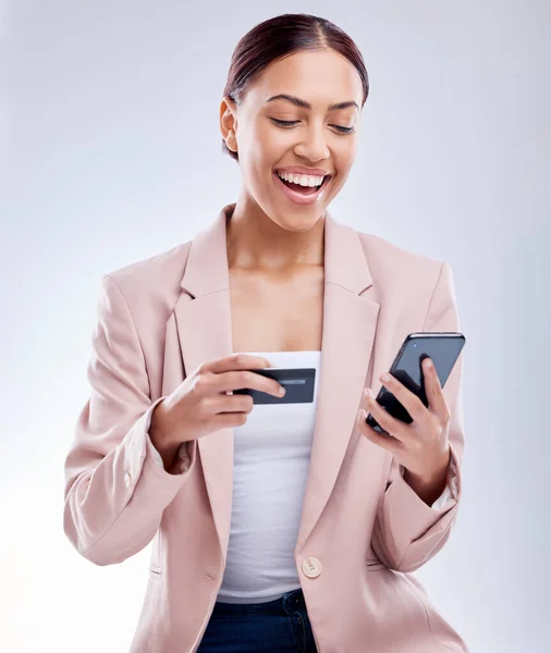 Inversión Teléfono Mujer Negocios Feliz Con Tarjeta Crédito Para Inversión —  Fotos de Stock