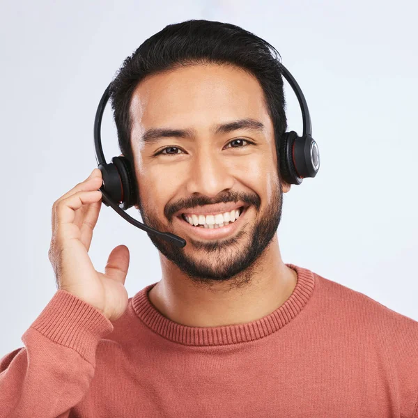 Man Headset Call Center Contact Portrait Smile Communication Studio Background — Stock Photo, Image