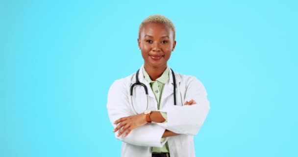 Happy Black Woman Portrait Doctor Studio Isolated Blue Background Smile — Stock Video