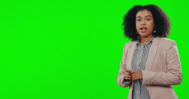 Broadcast Layar Hijau Dan Wanita Menghadapi Dengan Mockup Wartawan Berbicara — Stok Video