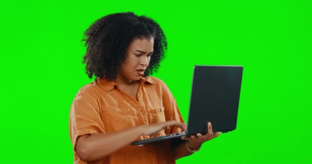 Πράσινη Οθόνη Άγχος Και Γυναίκα Ένα Φορητό Υπολογιστή Απογοητευμένοι Και — Αρχείο Βίντεο