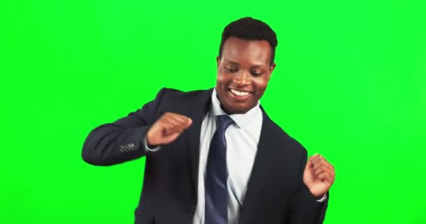 Tela Verde Negócios Homem Negro Feliz Dançando Para Sucesso Celebração — Vídeo de Stock