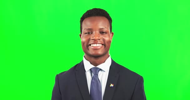 Homem Negro Nos Negócios Rosto Sorriso Tela Verde Com Mentalidade — Vídeo de Stock