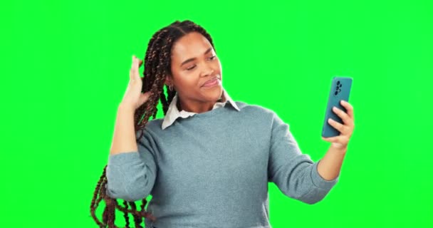 Belleza Selfie Mujer Estudio Pantalla Verde Con Pelo Estilo Gen — Vídeos de Stock