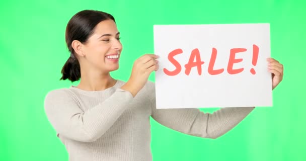 Γυναίκα Πρόσωπο Και Πινακίδα Πώλησης Πράσινη Οθόνη Χαμόγελο Και Διαφήμιση — Αρχείο Βίντεο