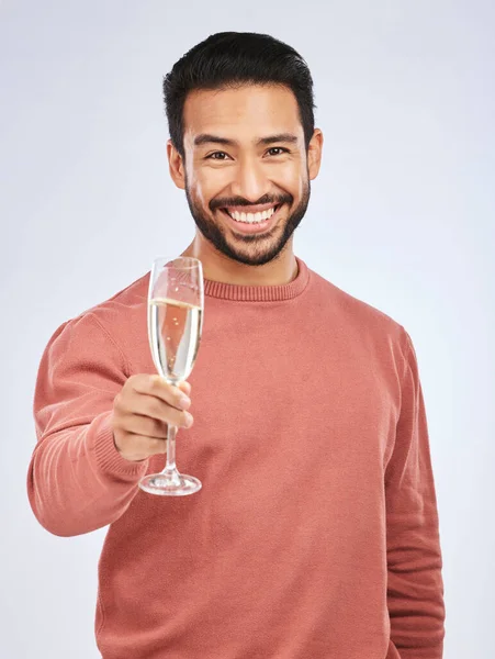 Hombre Con Sonrisa Retrato Champán Vítores Con Celebración Felicidad Aislado — Foto de Stock