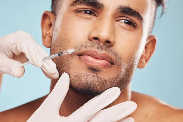 Beauty Botox Mouth Man Studio Gray Background Plastic Surgery Injection — Stock Photo, Image