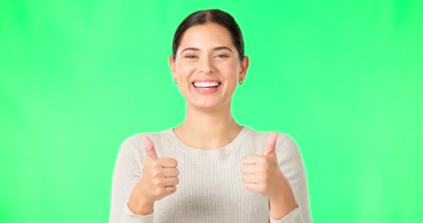 Happy Woman Hands Thumbs Green Screen Agreement Good Job Winning — Stock Video