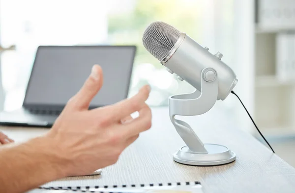 stock image Podcast, microphone and business person hands for career advice, news broadcast and web platform in office. Live streaming, computer and people hands, voice and tech for news, politics or radio talk.