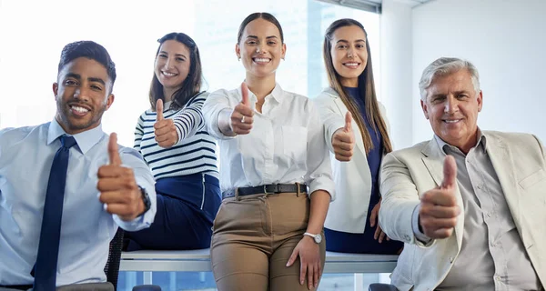 Business people, teamwork and thumbs up in office portrait for agreement, motivation or diversity. Men, women and together with yes, icon and emoji in solidarity, smile or support at finance agency.