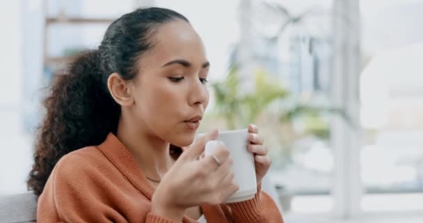 Pomysł Kawa Relaks Kobietą Salonie Jej Domu Podczas Picia Napoju — Wideo stockowe