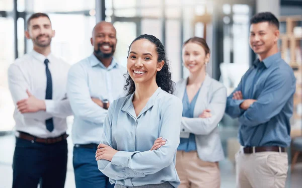 Sorria Grupo Empresários Retrato Com Mulher Chefe Confiança Orgulho Empresa — Fotografia de Stock
