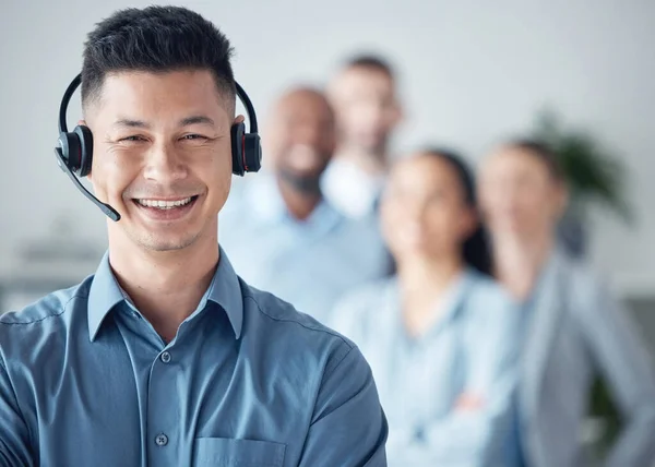 Man Callcenter Contact Smile Portrait Leadership Communication Headset Mockup Space — Stock Photo, Image