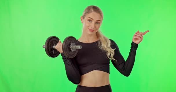 Egzersiz Halter Kadın Yeşil Ekranda Parmakla Mekanı Spor Salonunun Modelini — Stok video