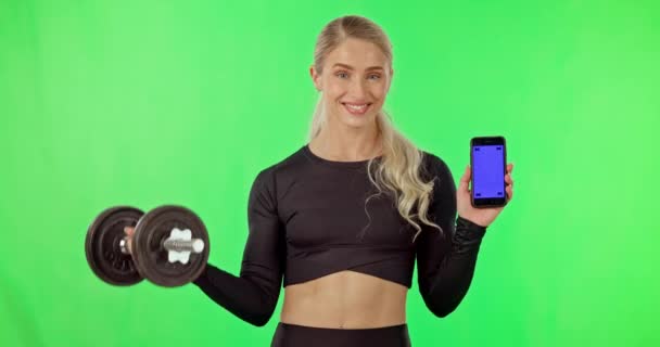 Woman Exercise Dumbbell Phone Green Screen Studio Progress Gym App — Stock Video