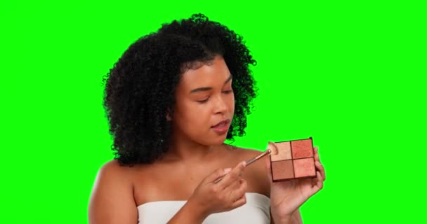 Pantalla Verde Retrato Mujer Con Maquillaje Cepillo Para Poder Cimentar — Vídeos de Stock