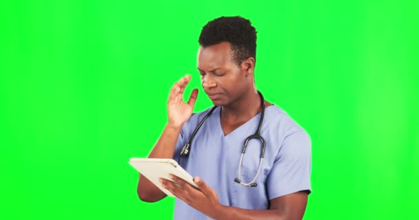 Orvos Tabletta Fejfájás Fekete Ember Zöld Képernyőn Kutatás Stressz Kiégés — Stock videók