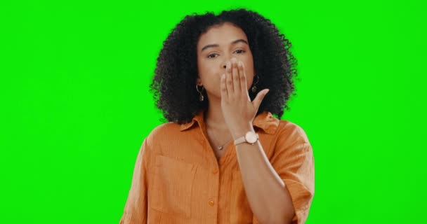Blow Kiss Happy Woman Green Screen Affectionate Romance Love Smile — Stock Video