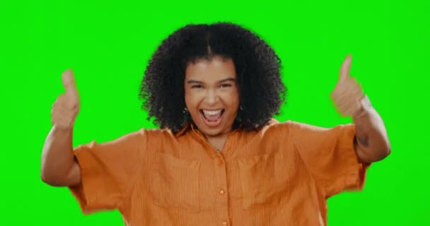 Emocionado Pulgares Hacia Arriba Cara Mujer Pantalla Verde Para Aprobación — Vídeos de Stock