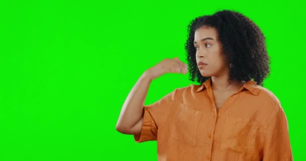 Kobieta Smutny Ręka Zielonym Ekranie Portret Miejscem Lokowania Produktu Makiety — Wideo stockowe