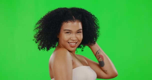 Cabello Belleza Rostro Mujer Pantalla Verde Con Sonrisa Para Satisfacción — Vídeos de Stock