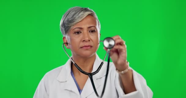 Médico Estetoscopio Latidos Del Corazón Con Mujer Pantalla Verde Para — Vídeos de Stock