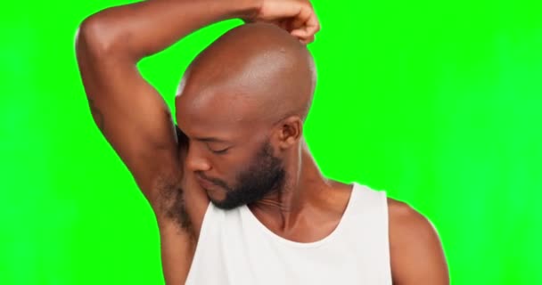 Zielony Ekran Twarz Czarny Mężczyzna Wąchający Pachę Uwodzący Szczęśliwy Tle — Wideo stockowe