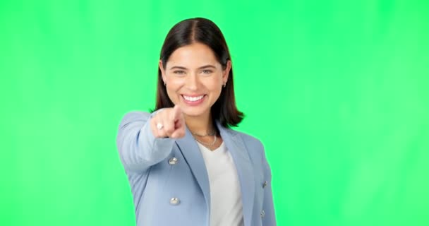 Ділова Жінка Обличчя Вкажіть Зеленим Екраном Посмішкою Вербування Вибору Можливості — стокове відео