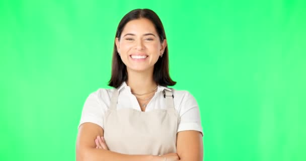 Woman Happy Portrait Green Screen Arms Crossed Mockup Space Apron — Stock Video