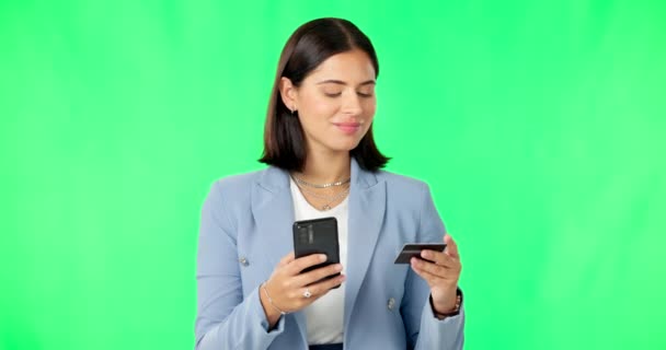 Бизнес Женщина Телефон Кредитная Карта Зеленом Экране Онлайн Покупок Электронной — стоковое видео