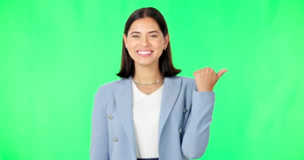 Tvář Obchod Žena Ukazuje Zelená Obrazovka Zaměstnanec Pozadí Studia Portrét — Stock video