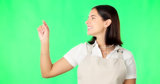模特儿 绿色屏幕和女人指向产品放置空间隔离在工作室的背景 展示广告 营销和选择或选择的女性的交易 销售和肖像 — 图库视频影像