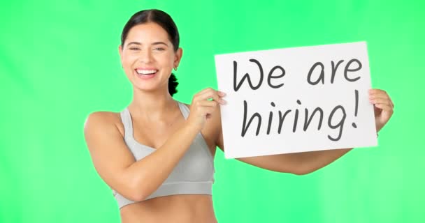 Happy Woman Hiring Gym Poster Green Screen Job Advertising Work — Stock Video