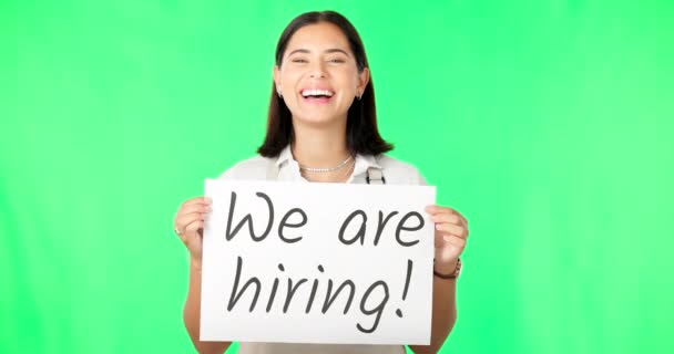 Woman Hiring Sign Job Advertising Green Screen Smile Mockup Portrait — Stock Video