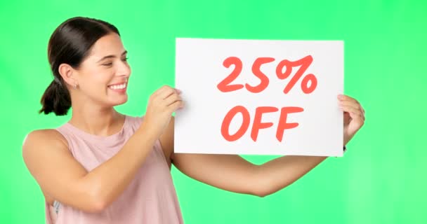 Green Screen Sale Poster Woman Isolated Studio Background Percent Advertising — Stock Video