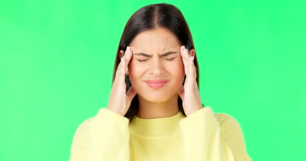 Stress Frustrated Woman Headache Green Screen Isolated Studio Background Burnout — Stock Video