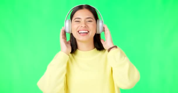 Πρόσωπο Πράσινη Οθόνη Και Γυναίκα Ακουστικά Χορό Και Κίνηση Φόντο — Αρχείο Βίντεο