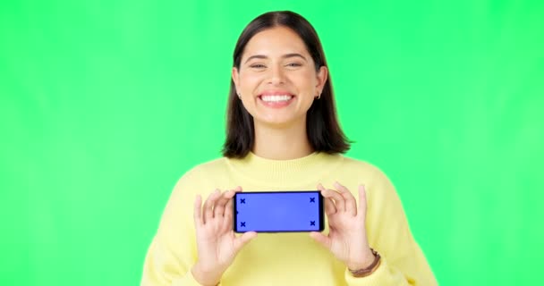Happy Woman Phone Mockup Green Screen Tracking Markers Advertising Studio — Stock Video