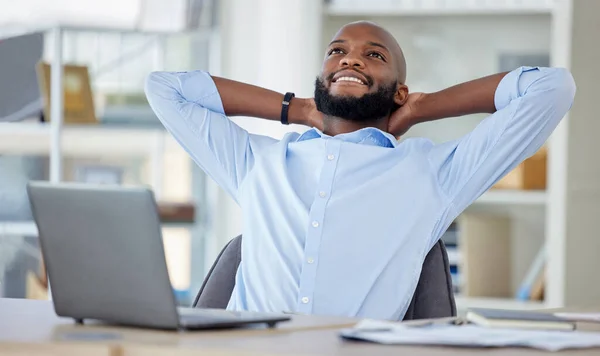 Relax, business and black man stretching, laptop and smile with confidence, project or startup success. Male person, consultant or employee with completed task, .professional or career with happiness.