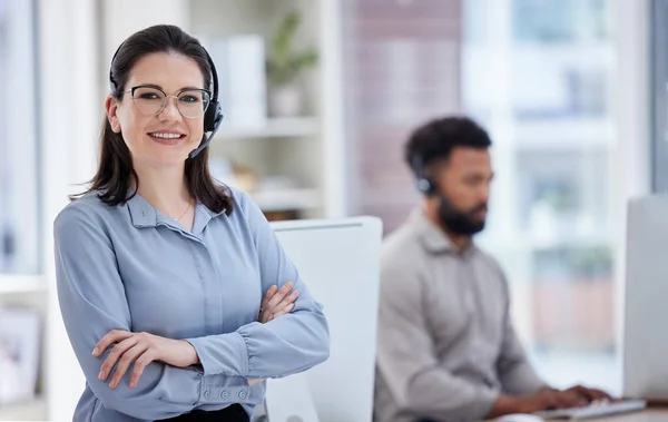 Call Center Customer Support Portrait Woman Crossed Arms Office Crm — Stock Photo, Image
