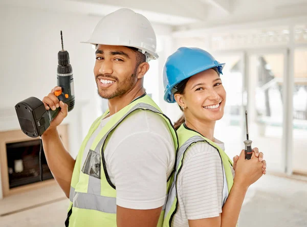 Workers Couple Portrait Construction Tools Maintenance Equipment Working Contractor Renovation — Stock Photo, Image